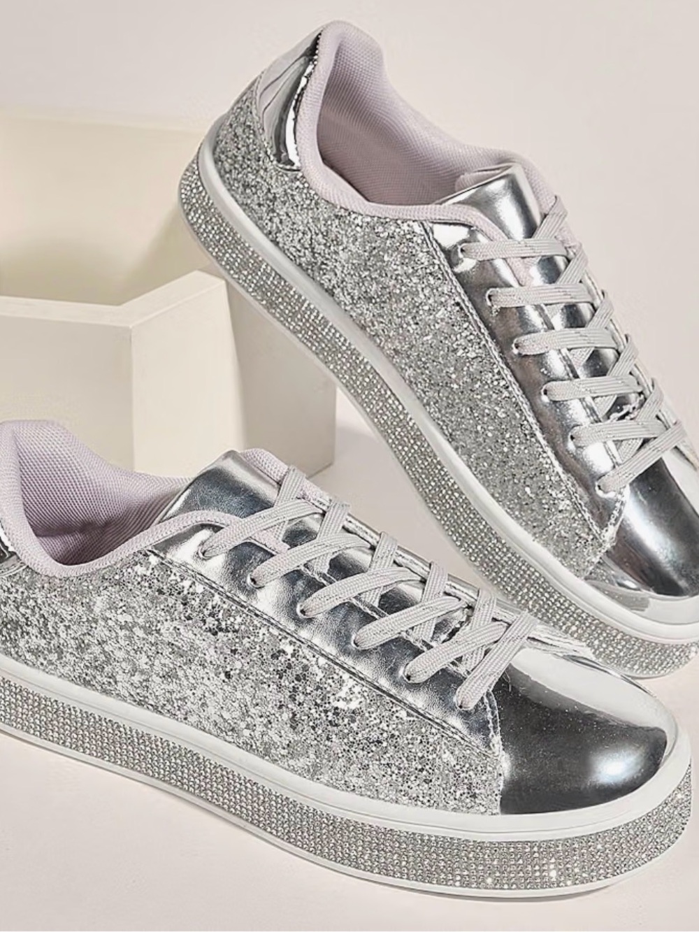 Women's Metallic Silver Glitter Leopard Lace-Up Sneakers bling wedding runway